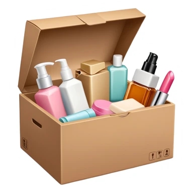 a cardboard box with assorted beauty products like compact, lotion, and nail polish spilling out sticker