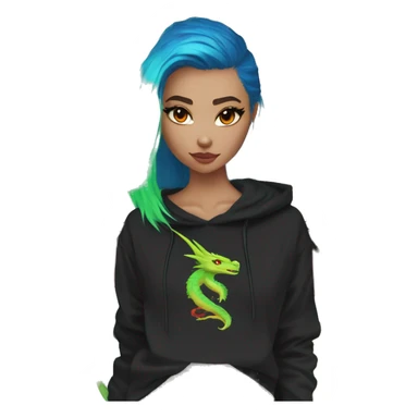 Lady with brunette and iridescent blue hair, gold, lime green dragon wings, black hoodie, bleach dyed, black and gold Nike t shirt, and bright red eyes sticker