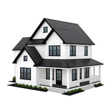 modern farmhouse with white siding, black roof and black trim, exterior view, 3d sticker