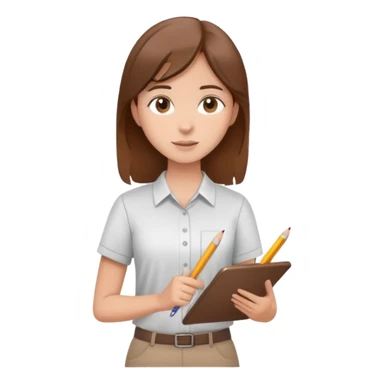 Intern or volunteer with brown hair holding a clipboard and pencil, ready to take notes or assist. The character wears a simple shirt and has an eager posture sticker