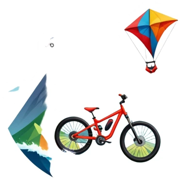 An emblem-style design representing extreme sports and lifestyle, featuring symbols of adventure such as a mountain, a sea, a kite, and a bike. The design is bold and dynamic, with sharp lines and energetic colors, capturing the essence of thrill, freedom, and adrenaline. sticker