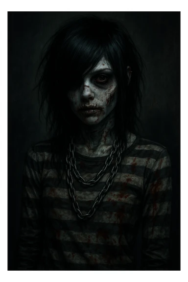 emo zombie girl, black hair, striped shirt, chains, pale skin, dark eyes, subtle blood stains sticker
