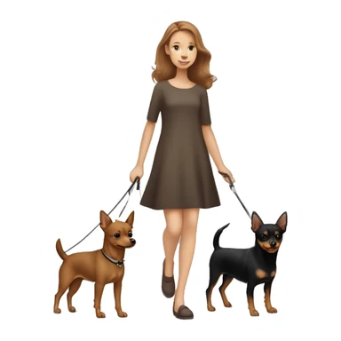 A light brown haired girl, walking one mini black and tan miniature Pinscher and one bigger, fluffy & light brown Spitz on the lead sticker
