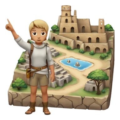 Icon for Documentary Film (TV style): A traveler pointing backward and narrating in front of ancient ruins. Include elements like historical landmarks, maps, and exploration tools to evoke a sense of adventure. Transparent background. sticker
