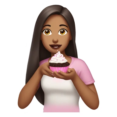 girl with pretty eyelashes and long dark brown hair and brown eyes and pink lips eating a cupcake  sticker