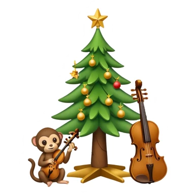 A cute, minimal emoji-style Christmas tree with a bright green triangular shape decorated, a wooden violin replacing the trunk, and a small playful monkey sitting at the very top carefully placing a golden Christmas star sticker