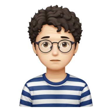 Korean male college student with a worried face , glasses with a bit curly hair, stripe t-shirt sticker