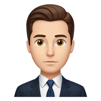 Caucasian gentleman with slicked back brown hair, black suit, navy tie sticker