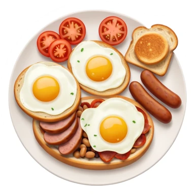 full English breakfast with eggs, bacon, sausage, beans, toast, and tomato, top-down view sticker