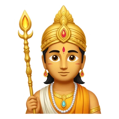 A minimal, divine emoji-style illustration of Lord Murugan, serene face, glowing vel (spear) symbol, bright golden aura, vibrant colors, simple rounded emoji design, high clarity, spiritual and peaceful expression, white background. sticker