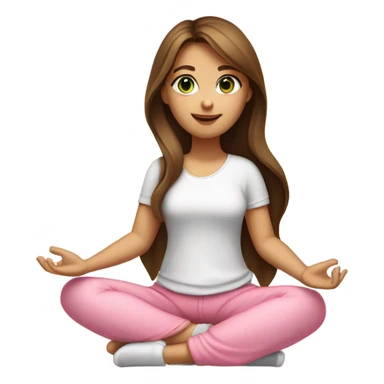 A girl with brown long hair, fair skin and green eyes is sitting in a lotus position in a white top and pink skirts sticker