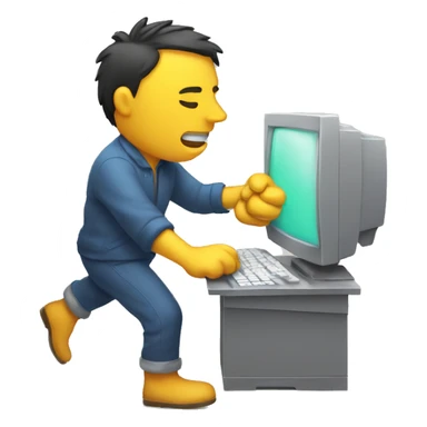 man smashes computer with emoji sticker