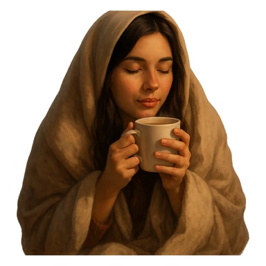 girl brunette inside a blanket sipping coffee, eyes closed, cozy and warm atmosphere, variation 1 sticker