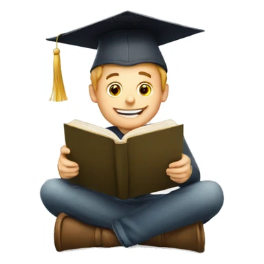 a smart white man with graduation hat happily reading book sticker