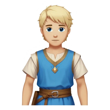 medieval summer outfit worn by a DnD themed fantasy character. basic lightweight sleeveless tunic with a decorative trim along the edges. clothes only above the waist. The clothes full waist. The character's haven't arms. character is blonde hair, blue eyes, short messy hair, white-skinned man. sticker