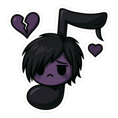 Edit the emo-style music note with black and purple colors, moody atmosphere, remove background and keep it transparent in chibi stickers style. sticker