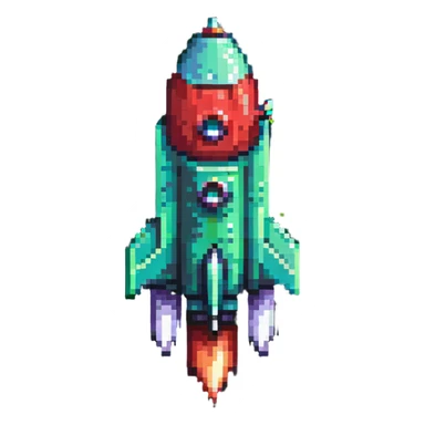 sleek pixel art rocket with green to red gradient, shooting diagonally to the upper right corner sticker