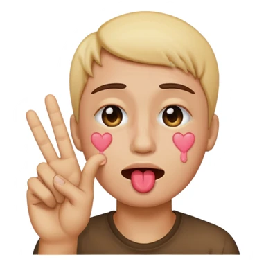 Emoji face crying while doing a kissy face holding up the peace sign sticker