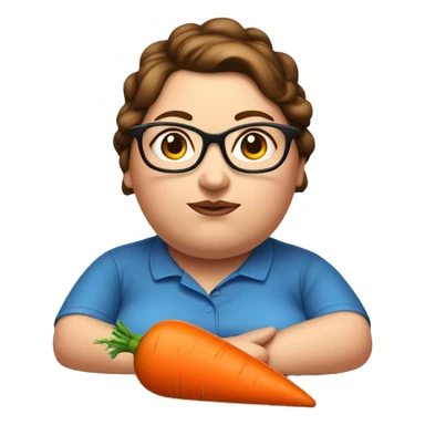 Fat lady with brown hair in a bun wearing glasses and a blue shirt staring at a carrot on a brown desk sticker
