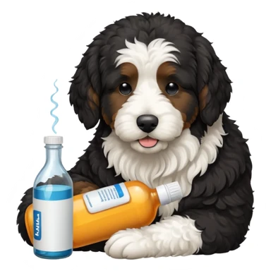 A black Bernedoodle with a white chest and a white tip on the end of his tail. Sleeping next to a bottle of Advil  sticker