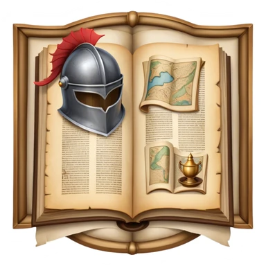 Icon for Historical Fiction Reading: an open book with pages showing ancient scrolls, a quill, a large knight's helmet, bowl and a parchment map. The icon should evoke the adventure and grandeur of historical settings and storytelling. Transparent background. sticker