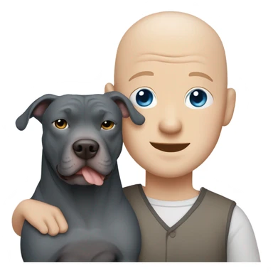 white bald man with blue eyes hugging large dark grey pit bull sticker