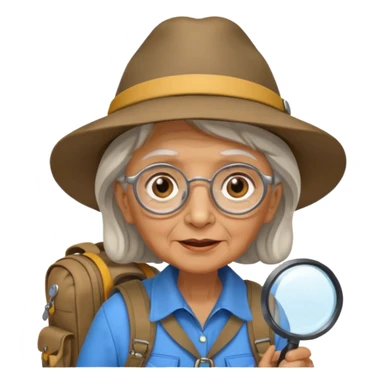 Explorer old woman with magnifying glass and backpack, portrait sticker