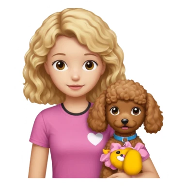 hazme un emoji que sea una niña rubi con el pelo ondulado i una camiseta rosa que ponga brownie, i acariciando a un perro (caniche toy) si pero con el pelo mas largo i no tan rubia el pelo marron i no rubia sticker