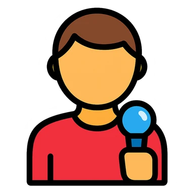 2D icon-style person from shoulders up facing forward, person in red holding a shiny bright blue microphone on a black background sticker