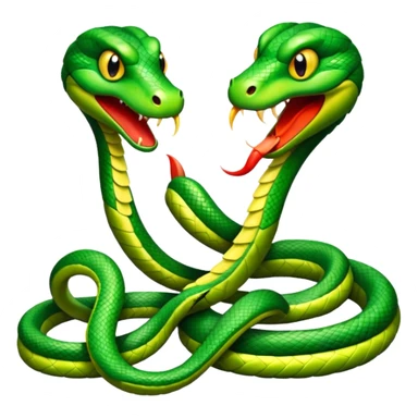 Two angry looking green snakes, tangled up at their tails, facing each other, hissing  sticker