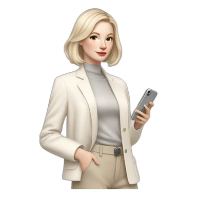 pale skin woman with ash blonde Straightened bob Hair, White Spacious classical jacket, beige palazzo Arrow pants and gray blouse holding white IPhone 14 pro in the hands sticker