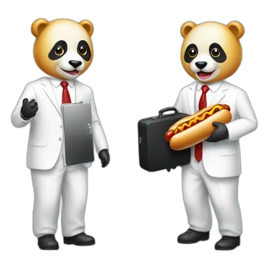 A professor with white suit and red tie and a panda face eating a hotdog and holding a black suitcase sticker