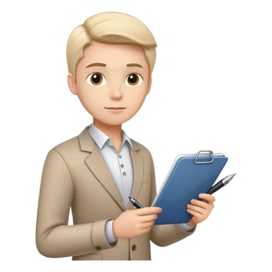 a person holding a checklist and pen, wearing smart casual clothing. The character is in a focused pose sticker
