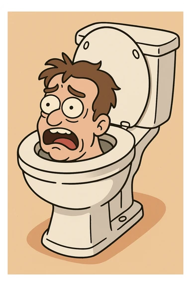 a man's head stuck in a toilet, silly, cartoon style sticker