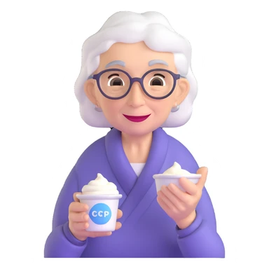elderly woman offering yogurt sticker