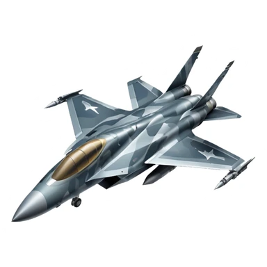 Draw a modern fighter jet with sharp wings, camo design & missiles mounted. sticker