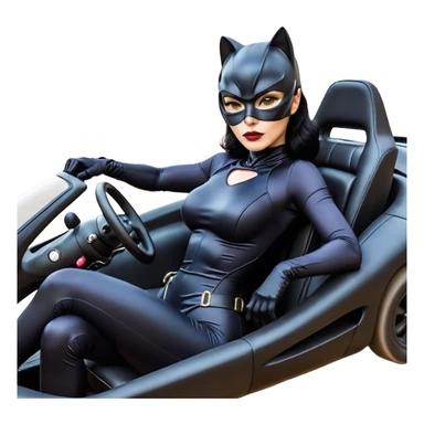 full size real-appearance electric road racing sexy CatWoman’s feminine midnight-colored tight outfit sixty’s tv show dark stealthy accurate sporty safe plush deluxe off-road pursuit drifting car jaguar accents (black hair,reclined and relaxed torso and shoulders back seating position) cross kart  sticker