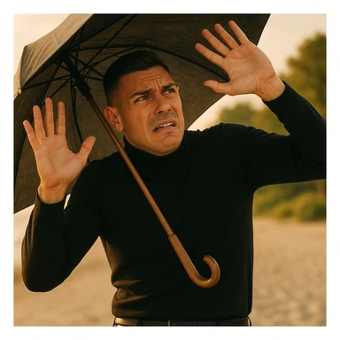 Create a symbolic 4k realistic scene outdoors, either beach or park, showing a man with expressive, worried body language. The man is raising his hands or using an umbrella or large hat to block natural, warm sunlight. The man looks uncomfortable or fearful, as if trying to protect himself from the sun. Use muted colors and focus on expressive body language, symbolizing misunderstanding about sunlight and health. Use the reference image for facial features and general appearance. sticker