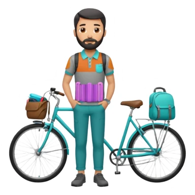 a man with a grey backpack and a torquoise byciycl and he has black shot=rt man hair and a beard with a polo grey shirt and dress pants sticker