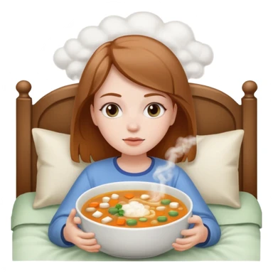 tazita de sopa, pastillas al lado y una chica en una cama sticker
