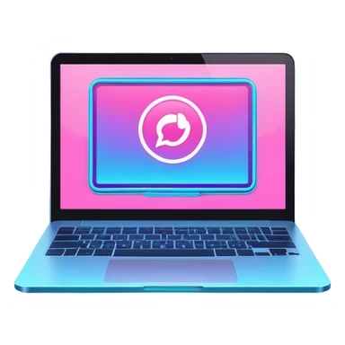 laptop computer with video chat displayed on screen, pink and light blue colors, with neon glow lines, blue neon light on top left, purple neon light on bottom right sticker