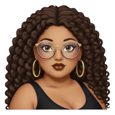 big plus size, latina, darker tan skin, gold hoops, long dark brown curly hair, baddie,pretty, makeup, lipgloss, black eyeliner, long hair, black top, black glasses sticker