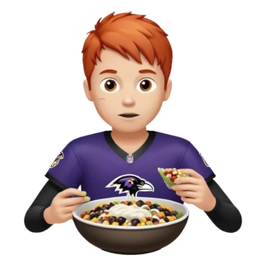 a red-haired boy wearing a ravens jersey and eating a chipotle burrito bowl sticker