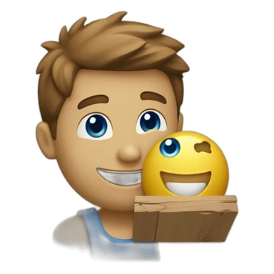 A person holding a box of wood with a beautiful smile will make any wooden product you want, he has a yellow food ball. Blue eyes and skin light beige. sticker