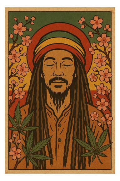 Vintage poster of an Asian Rasta with long dreadlocks, peaceful eyes, and a red-gold-green tam. Surrounded by cherry blossoms and ganja leaves. Background blends Rasta colors into an Asian flag (e.g., red sun from Japan or Chinese star). Retro reggae fusion vibe, with bold lines and aged paper texture.
 sticker