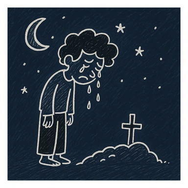 Make the scene night time with a man crying over a grave in the style of hand drawn notion doodles. Emphasize the night setting and emotional tone, preserving the doodle style. sticker