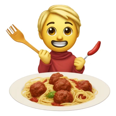 create a crescent, moon, eating spaghetti while smiling with red sauce and meatballs with a spoon and a fork and hand and a napkin around his neck sticker