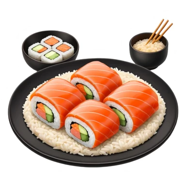 Sushi chicken rolls rice outside restaurant plate sticker