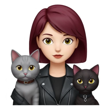 femme  yeux gris, cheveux court bordeaux, cuir noir, avec chat poils longs gris clair et chat poils ras noirs sticker
