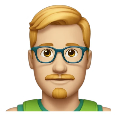 35 year old man with strawberry blond hair, clean shaved chin with moustache, blue eyes and round green glasses sticker
